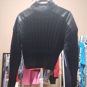 Women's Black Sweater with Leather Accents By Central Park West Size Small